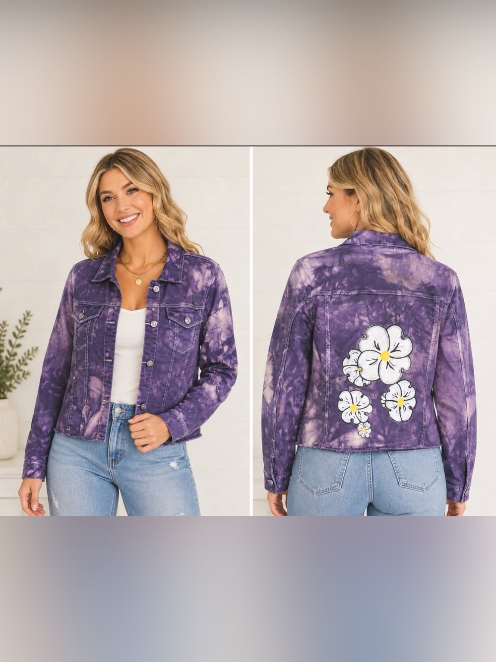 Purple Tie-Dye Cropped Denim Kensie Jacket | XL | Hand-Painted Floral Upcycle